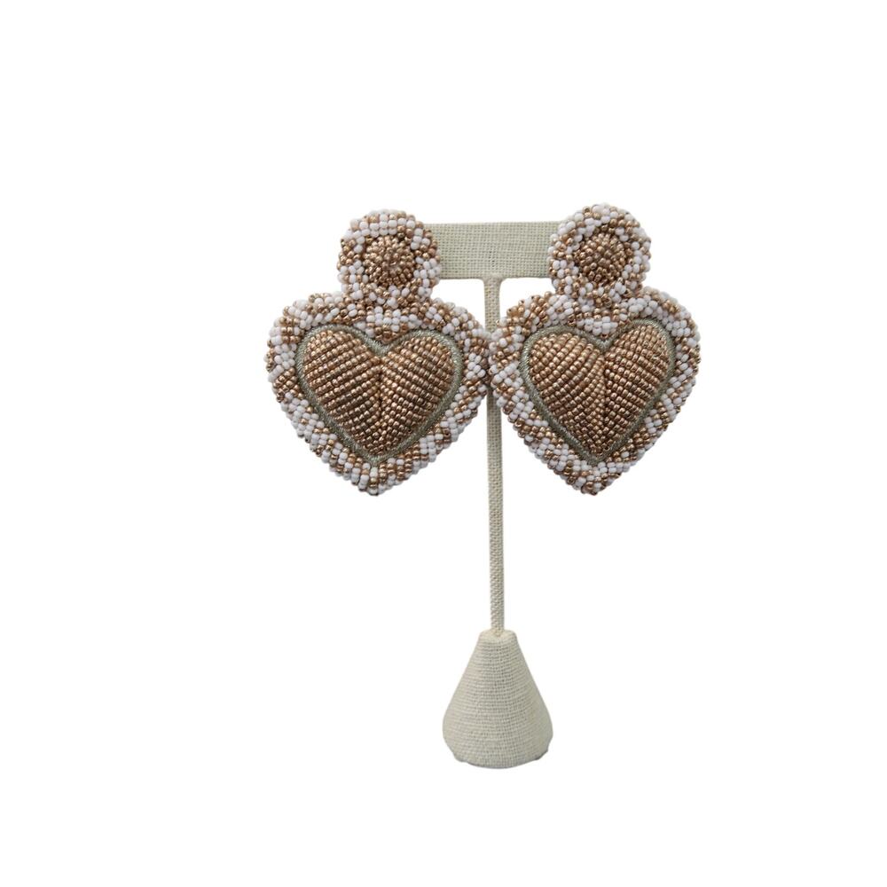 Olivia Dar Alghero Hand Beaded Heart Drop Earrings Gold Ivory Statement OS